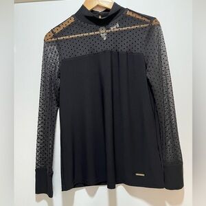Anne Klein Womens Long Sleeve Mesh Polka Dot Blouse XSmall NWOT